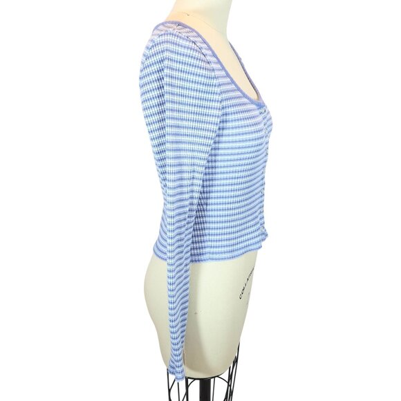 LEVIS Britt Slim Fit Cropped Striped Ribbed Pearl Snap Knit Top Size M Blue Y2K - Picture 2 of 6